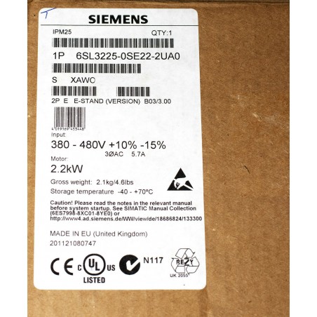 Siemens Sinamics FREQUENCY CONVERTER IPM25 FOR ET200S 2.2 KW 6SL3225-0SE22-2UA0